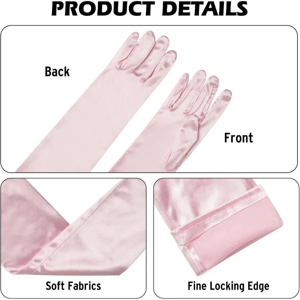 Women's Pink Long Satin Opera Fabric Gloves Party Tea Stretchy Elbow Length
